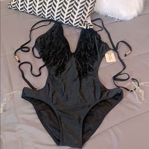 Black Tassel One Piece Halter Swimsuit